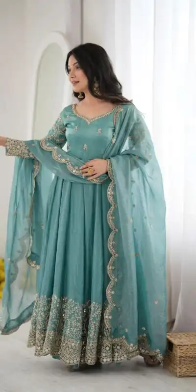 Fancy Sky Blue Fendy Silk Embroider Sequins Work Gown