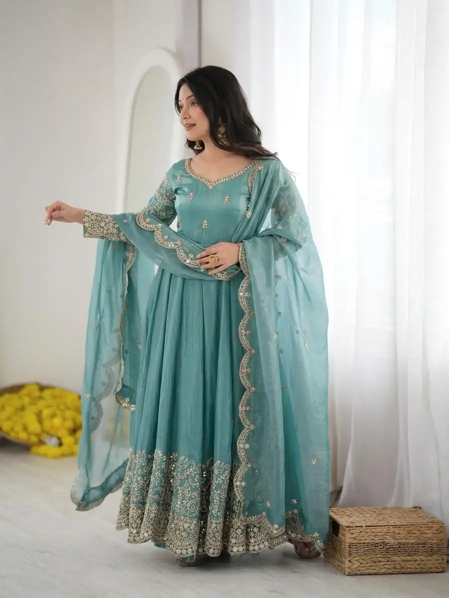 Fancy Sky Blue Fendy Silk Embroider Sequins Work Gown