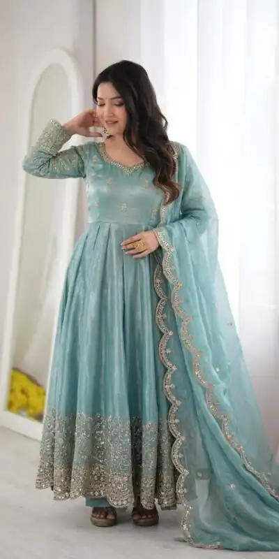 Fancy Sky Blue Fendy Silk Embroider Sequins Work Gown
