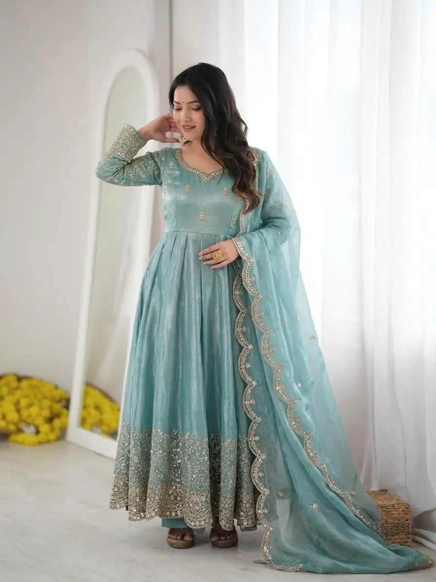 Fancy Sky Blue Fendy Silk Embroider Sequins Work Gown