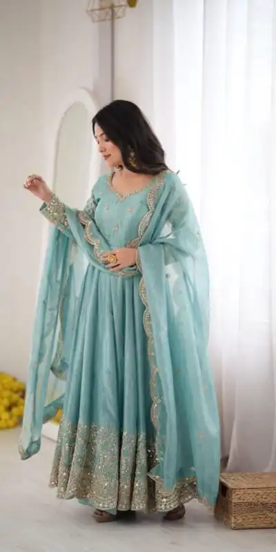 Fancy Sky Blue Fendy Silk Embroider Sequins Work Gown