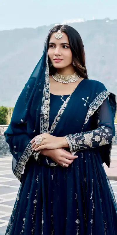Fancy Teal Faux Georgette Embroider Work Gown
