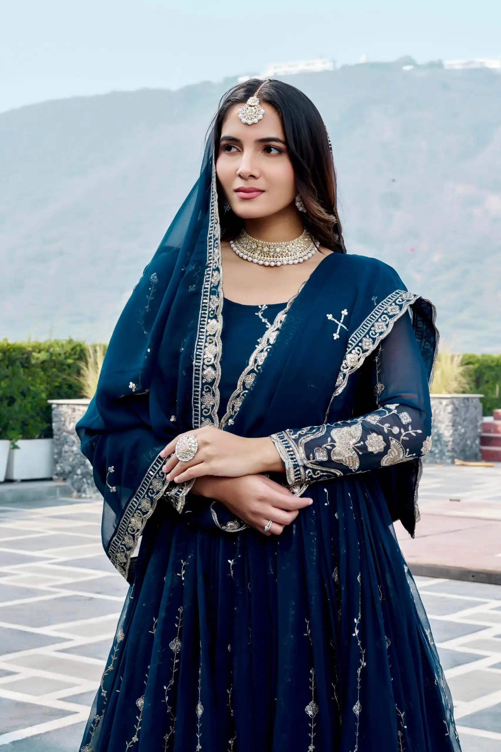 Fancy Teal Faux Georgette Embroider Work Gown
