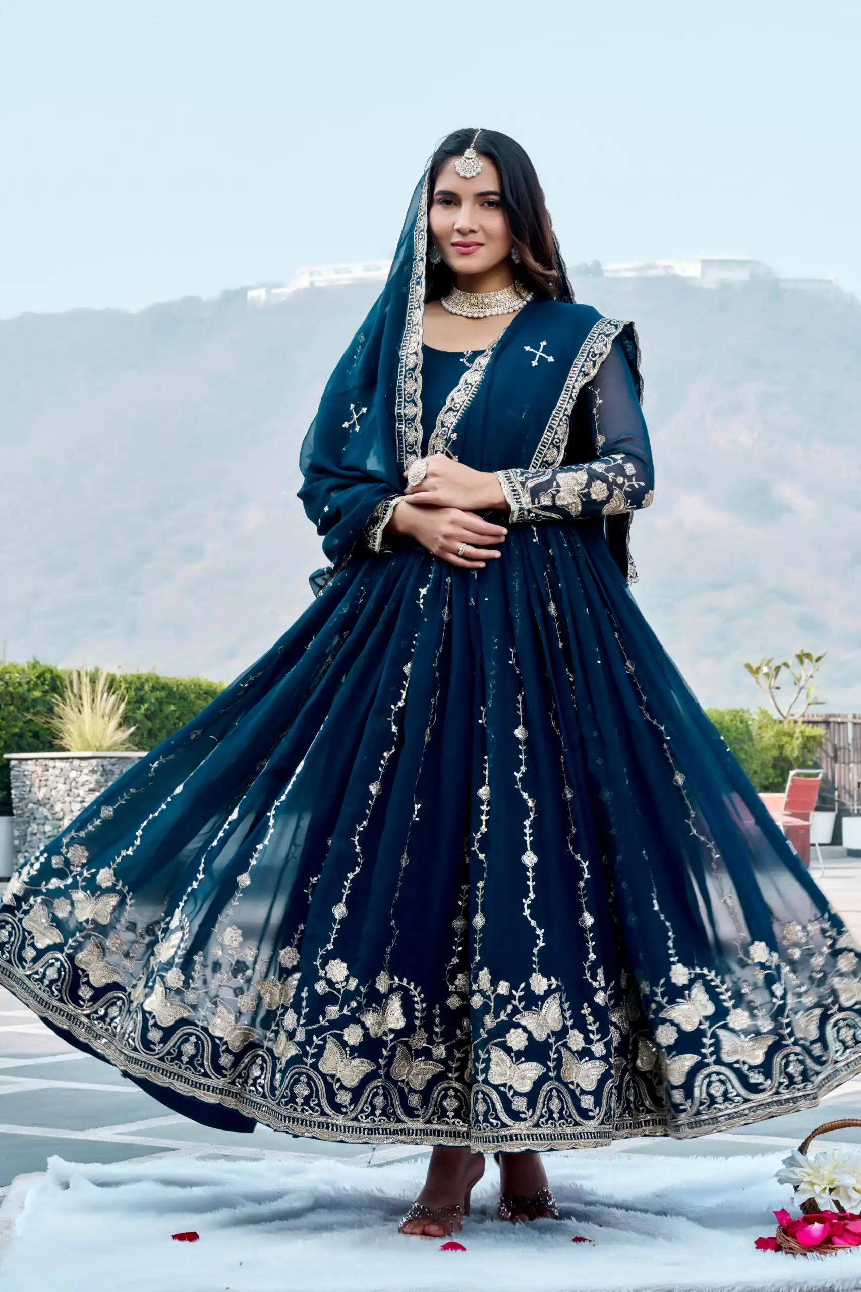 Fancy Teal Faux Georgette Embroider Work Gown