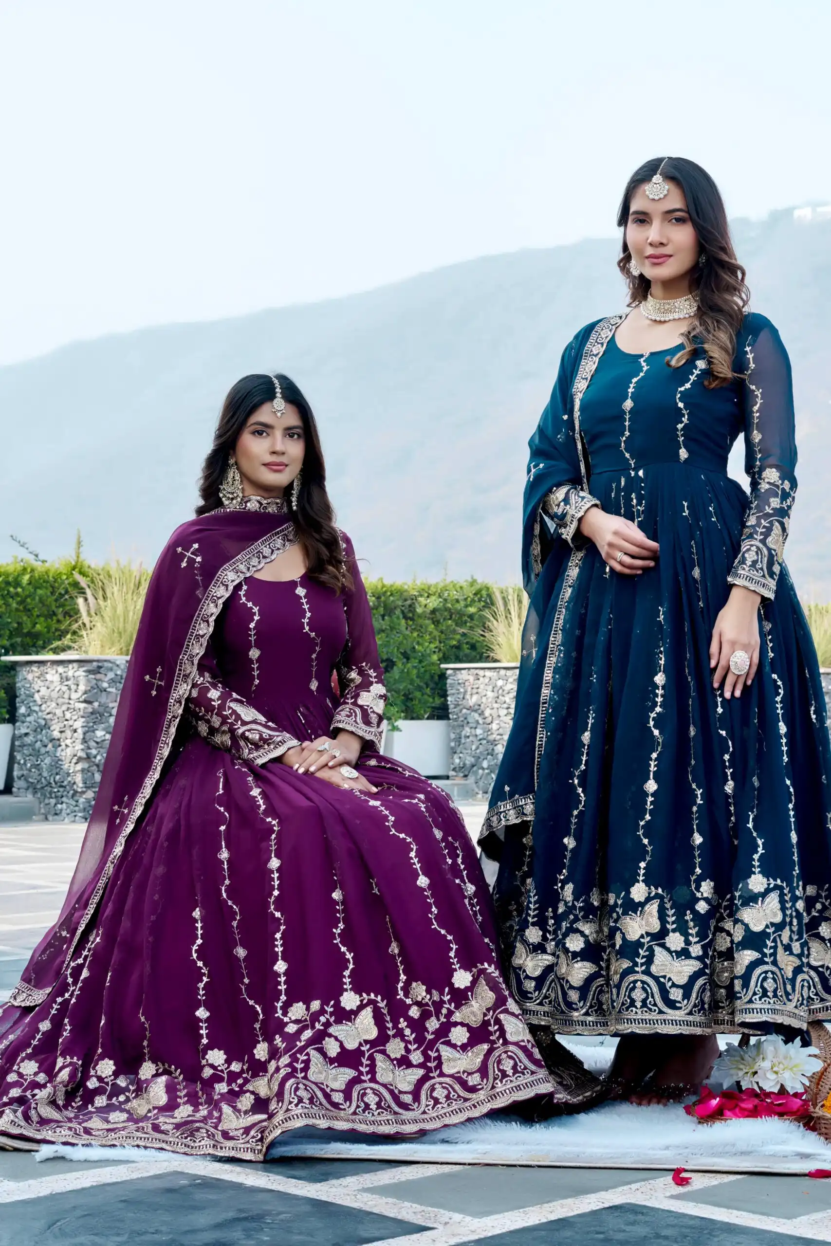Fancy Teal Faux Georgette Embroider Work Gown