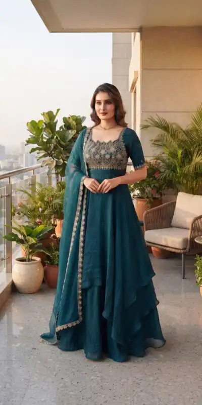 Fancy Teal Fendy Crush Beads Work Gown