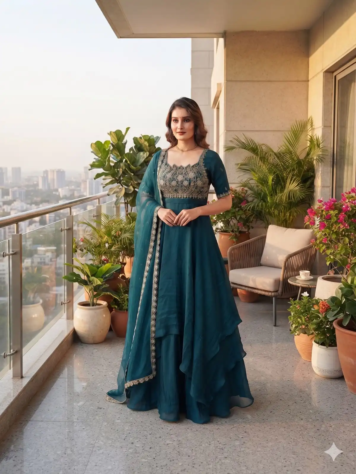 Fancy Teal Fendy Crush Beads Work Gown