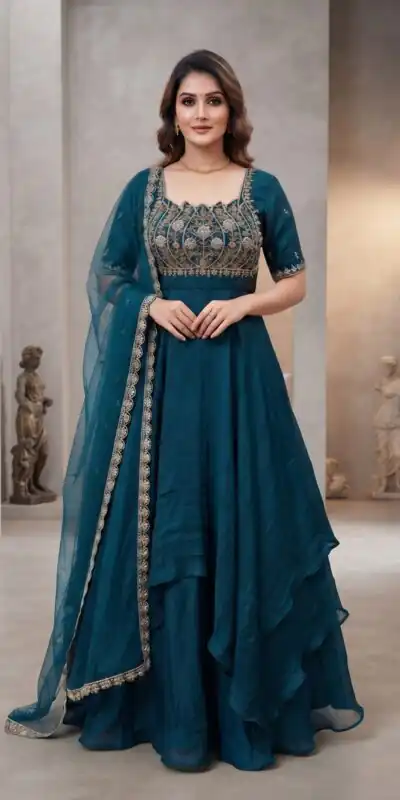 Fancy Teal Fendy Crush Beads Work Gown