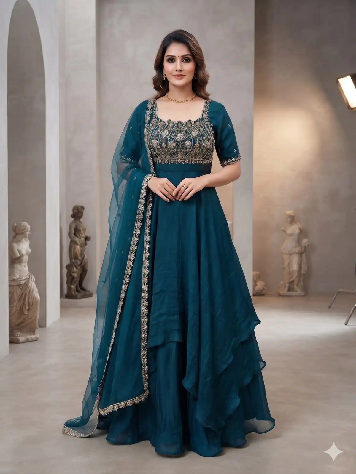 Fancy Teal Fendy Crush Beads Work Gown