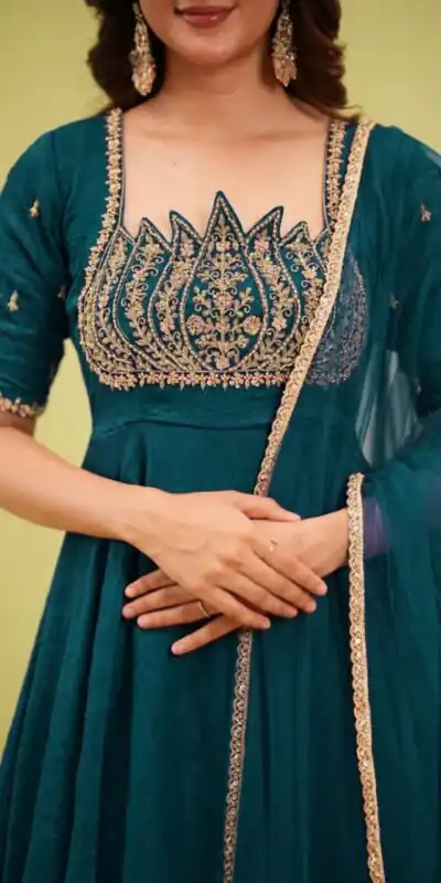 Fancy Teal Fendy Crush Beads Work Gown