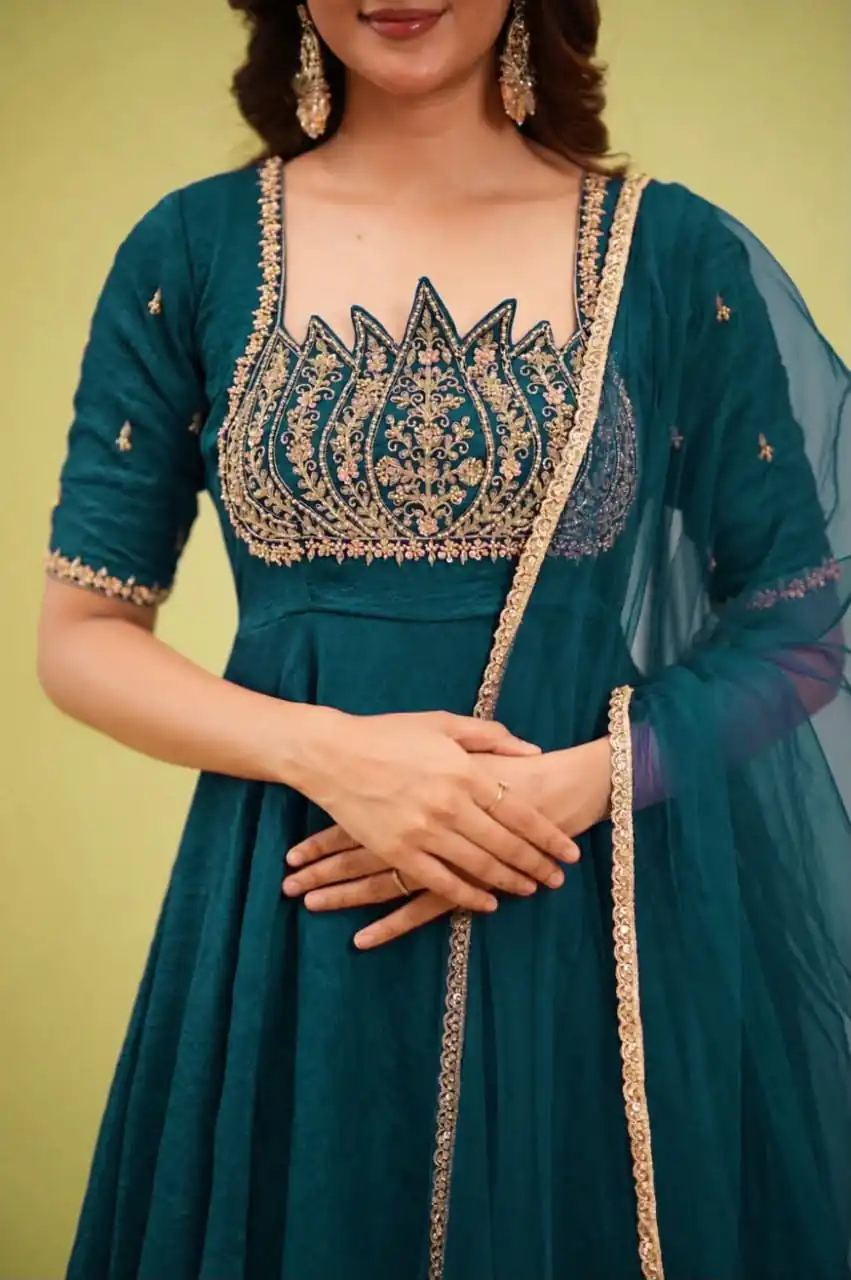 Fancy Teal Fendy Crush Beads Work Gown