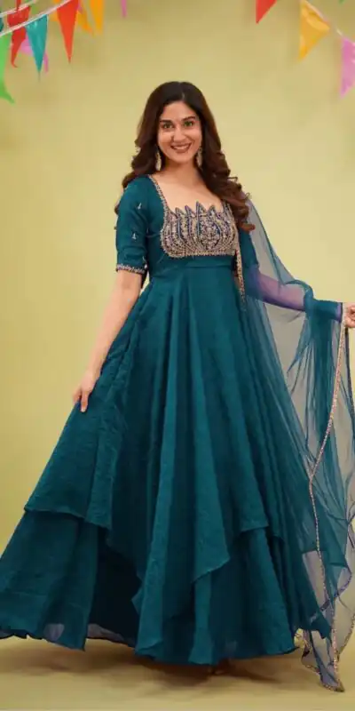 Fancy Teal Fendy Crush Beads Work Gown