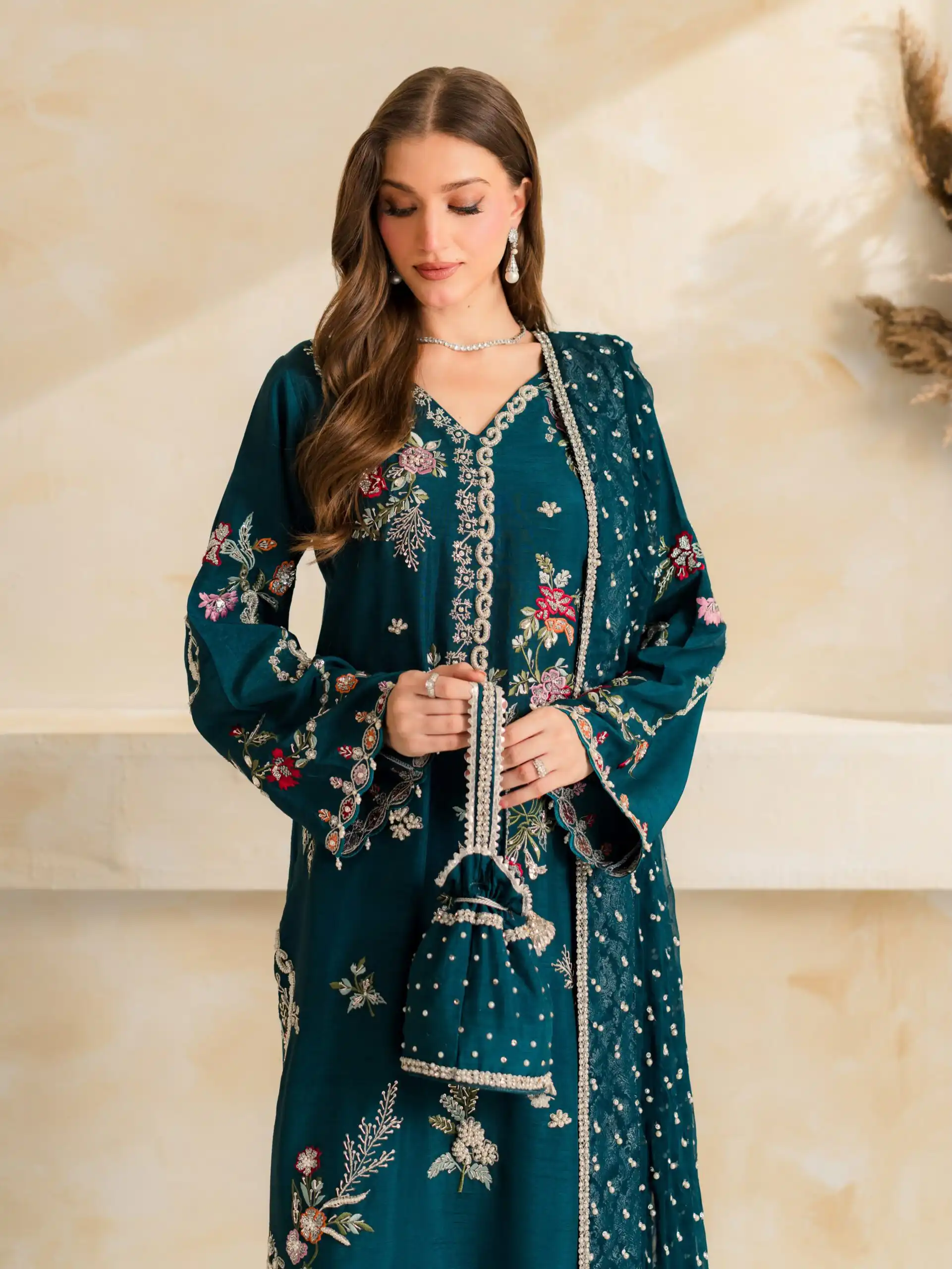 Fancy Teal Mul Chanderi Diamond Work Salwar Suit