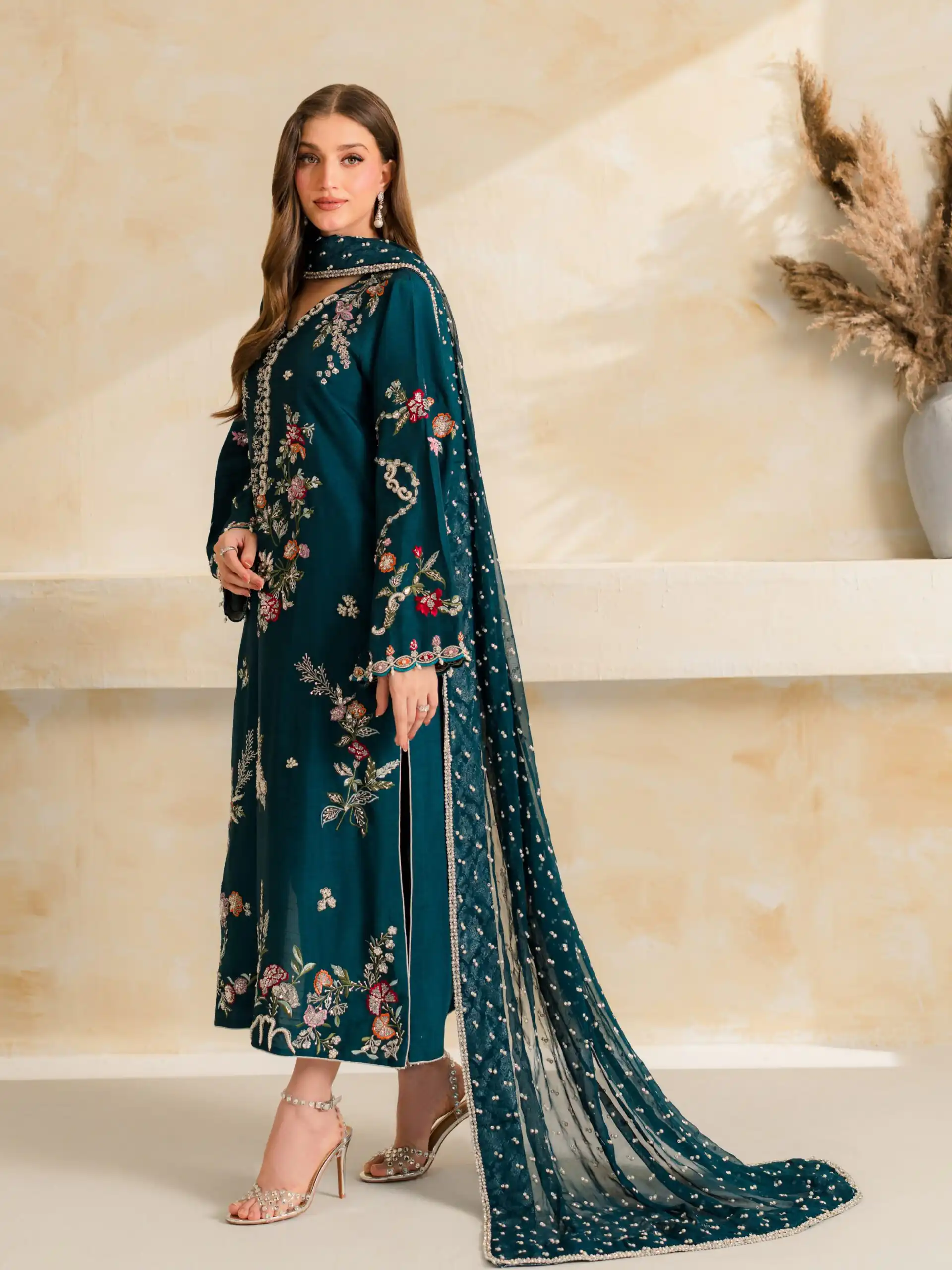 Fancy Teal Mul Chanderi Diamond Work Salwar Suit