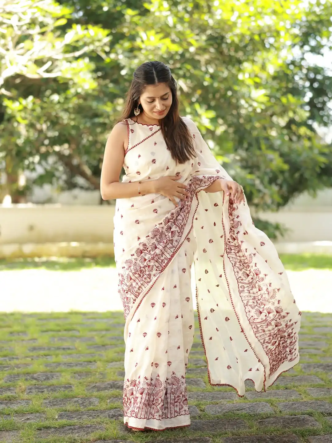Fancy White Kota Checks With Embroidery Saree