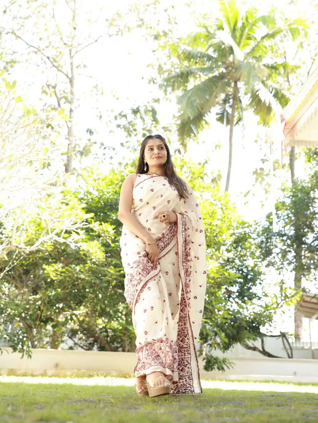 Fancy White Kota Checks With Embroidery Saree