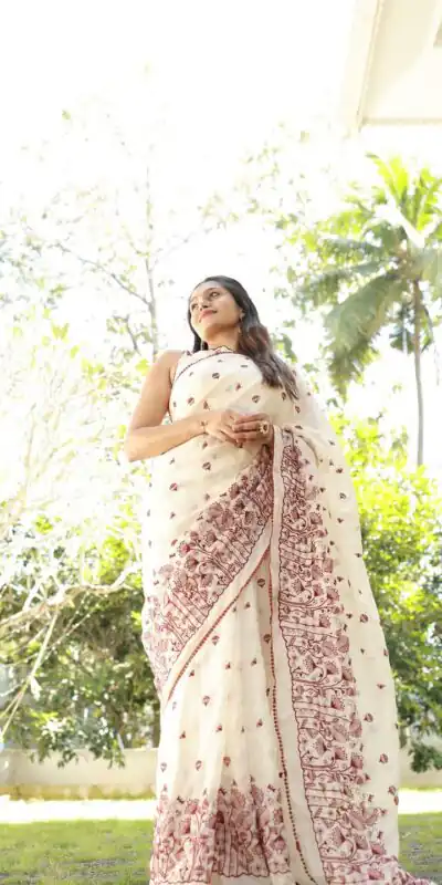 Fancy White Kota Checks With Embroidery Saree