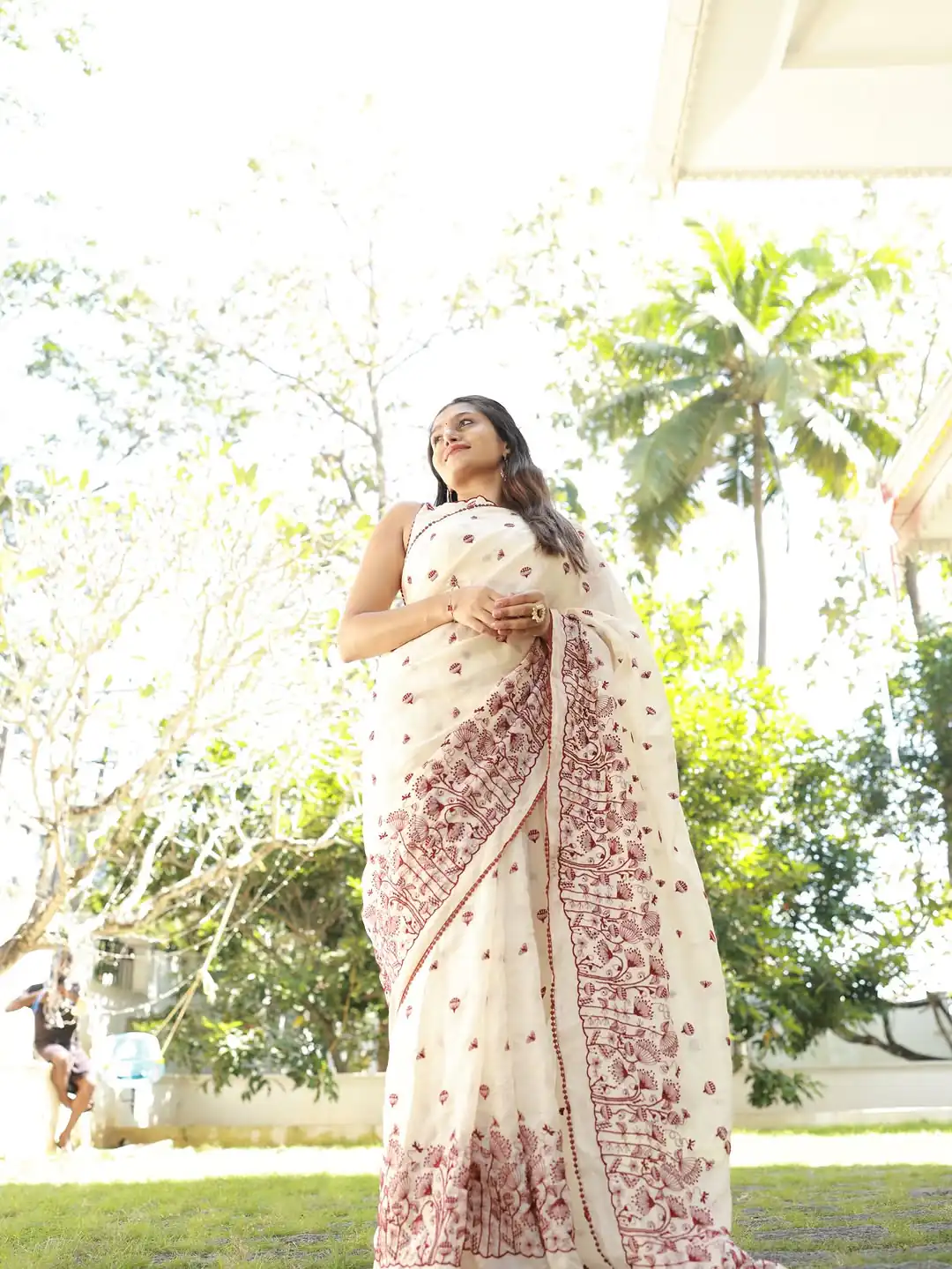 Fancy White Kota Checks With Embroidery Saree