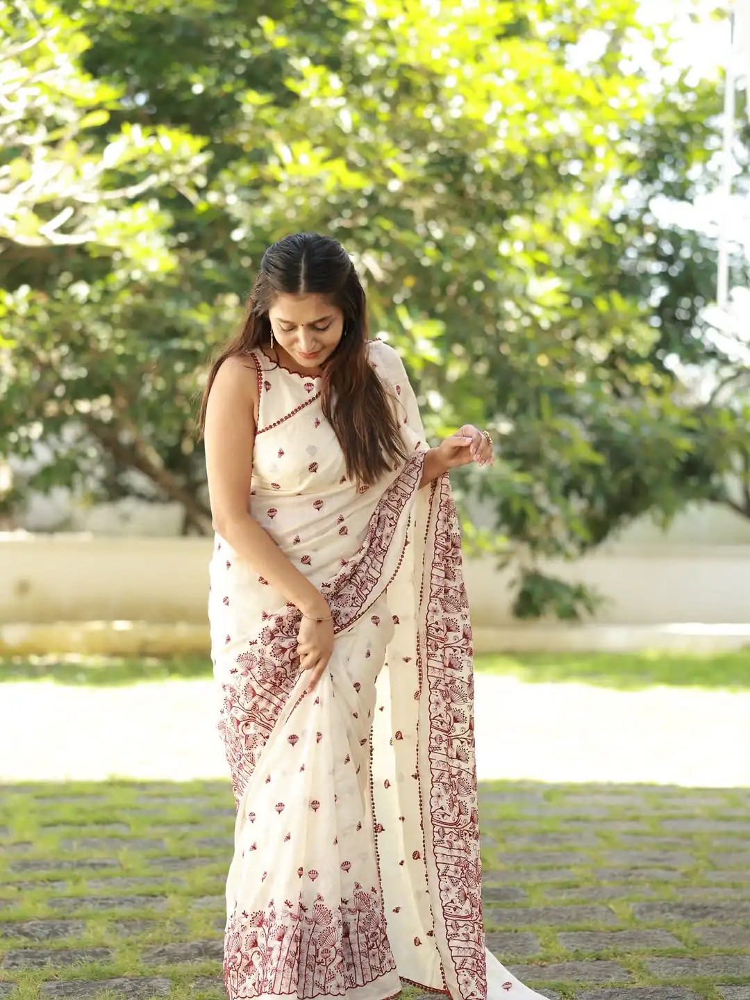 Fancy White Kota Checks With Embroidery Saree
