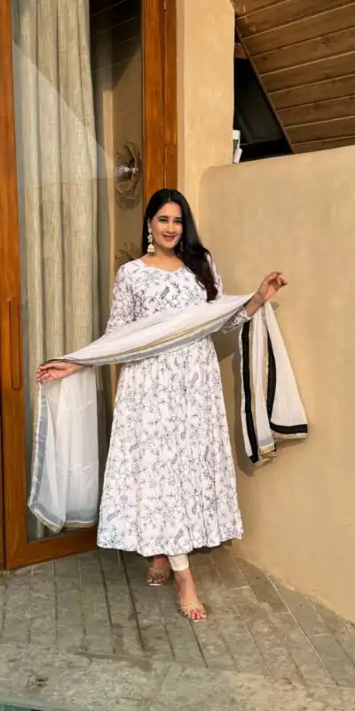 Fancy White NC Vichitra Embroidery Work Anarkali Suit