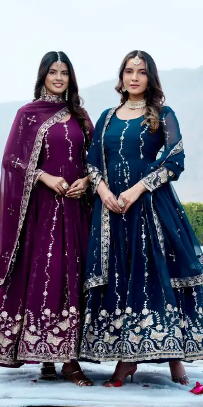 Fancy Wine Faux Georgette Embroider Work Gown