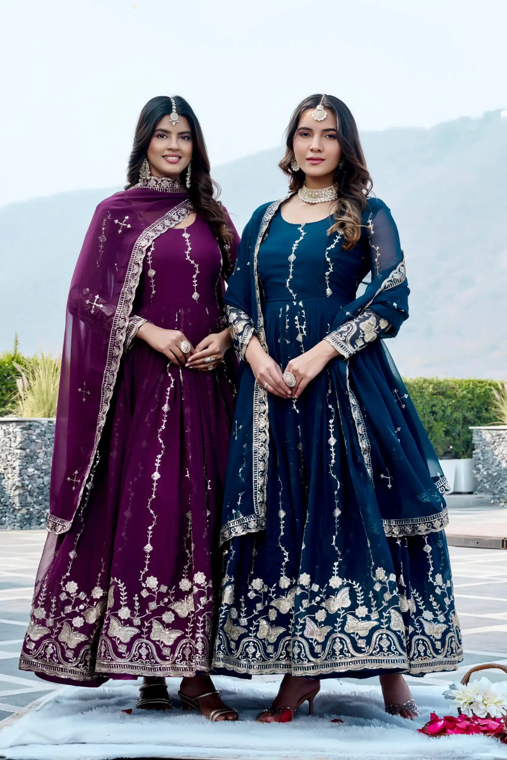 Fancy Wine Faux Georgette Embroider Work Gown