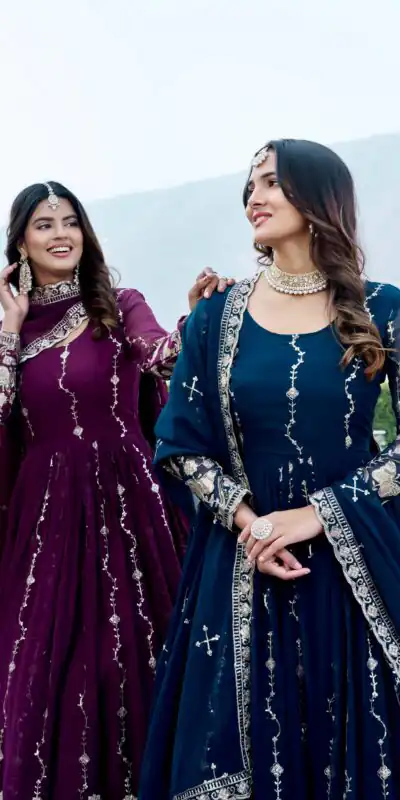 Fancy Wine Faux Georgette Embroider Work Gown