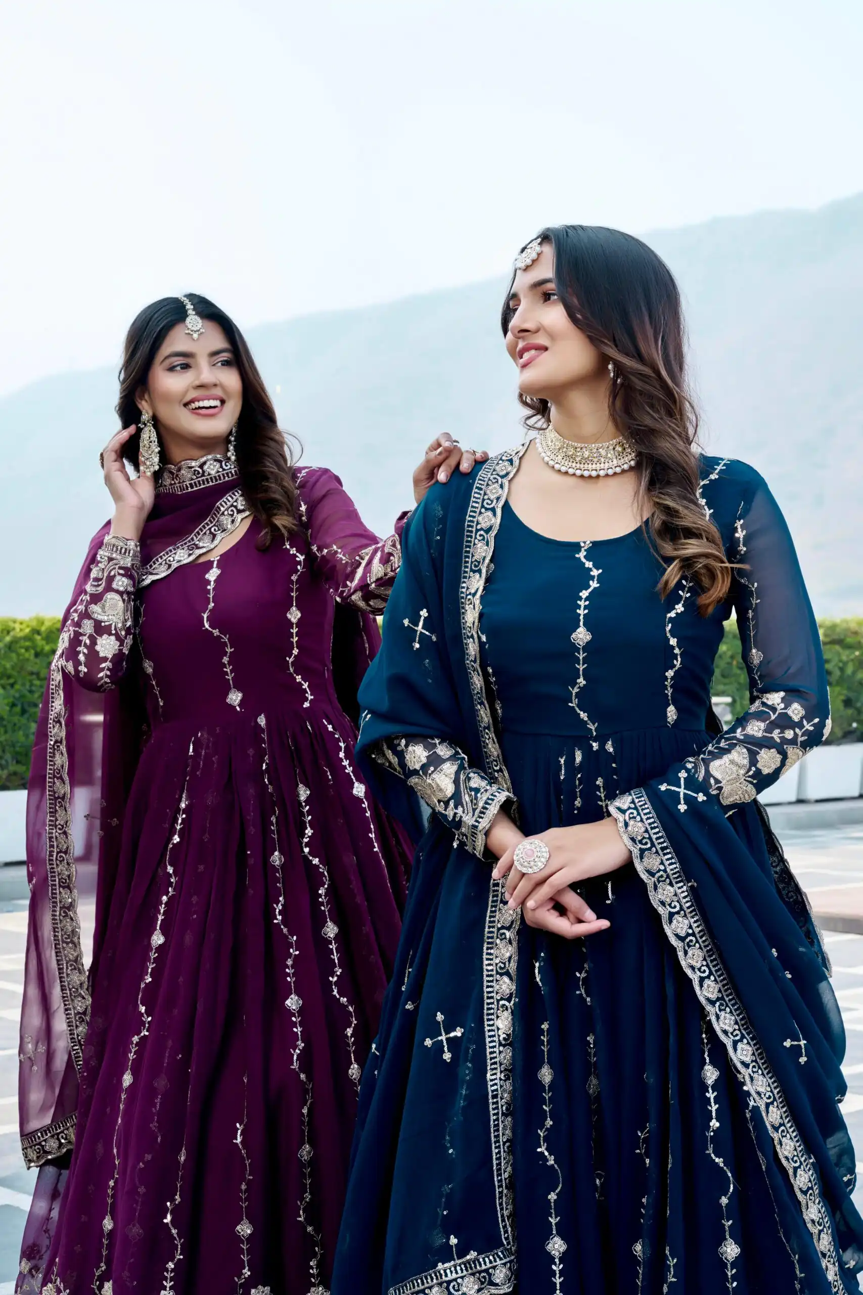 Fancy Wine Faux Georgette Embroider Work Gown