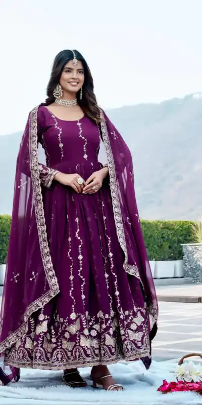 Fancy Wine Faux Georgette Embroider Work Gown