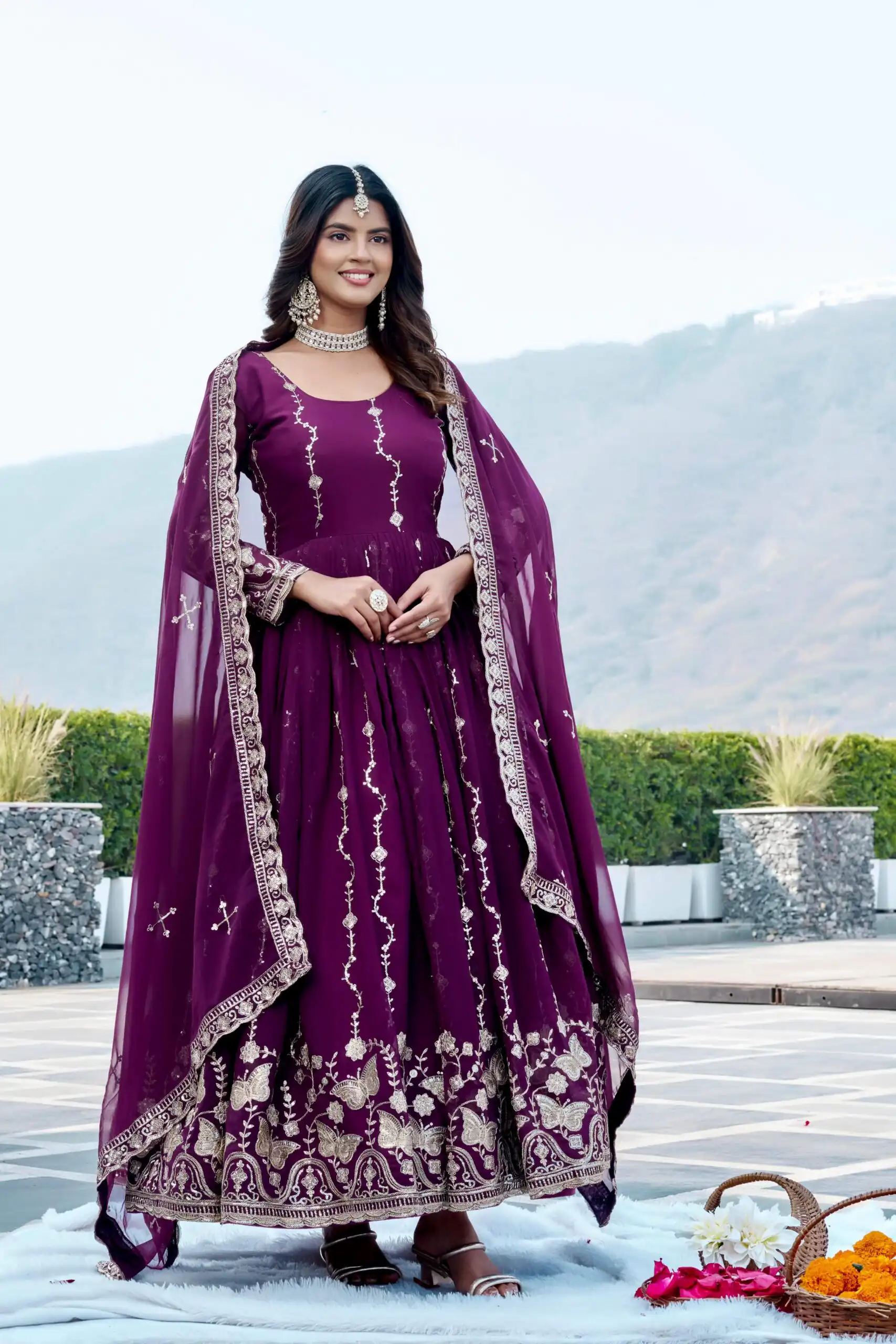 Fancy Wine Faux Georgette Embroider Work Gown