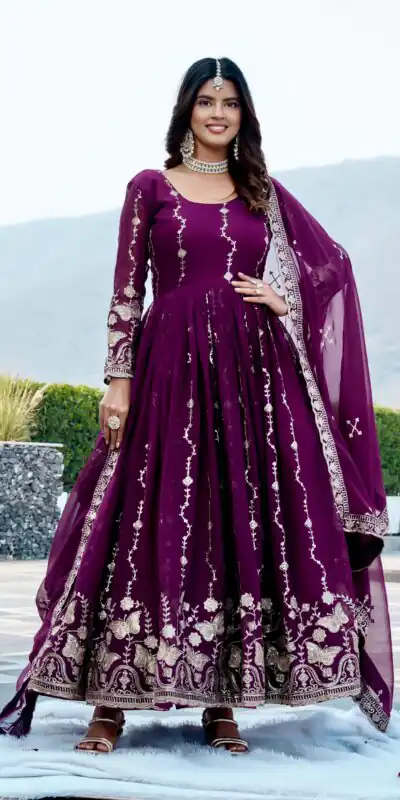 Fancy Wine Faux Georgette Embroider Work Gown