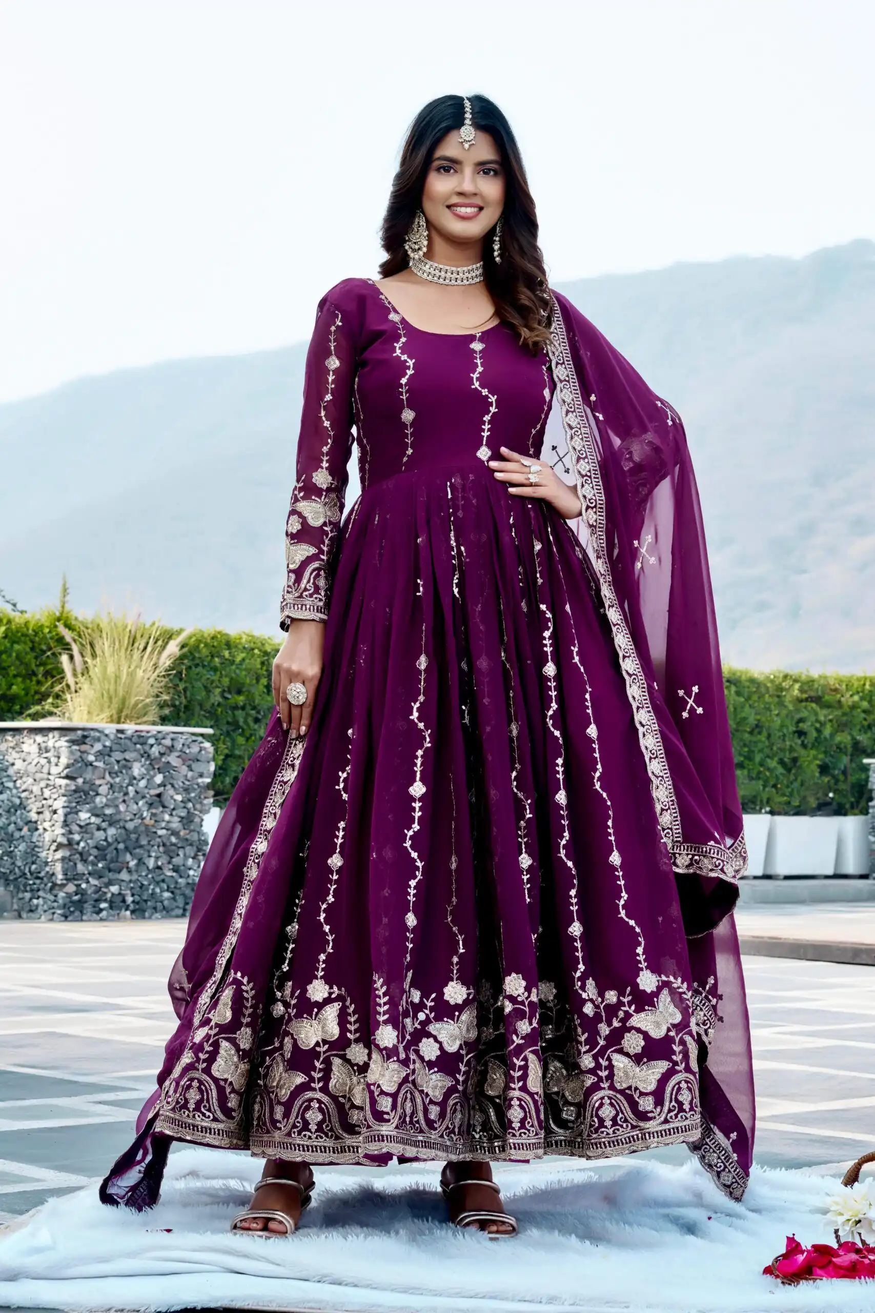Fancy Wine Faux Georgette Embroider Work Gown