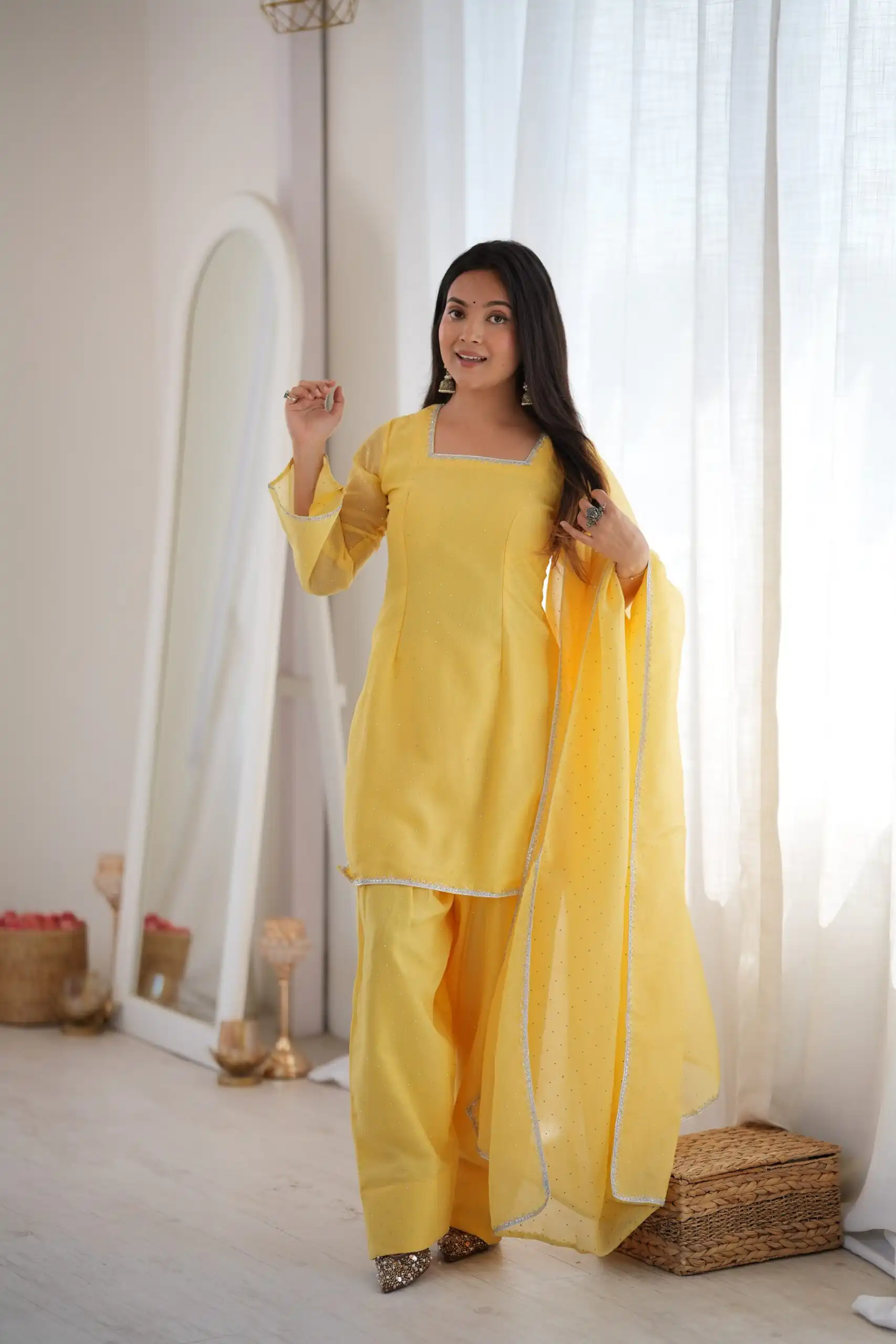 Fancy Yellow Crunchy Silk Siroski Work Salwar Suit