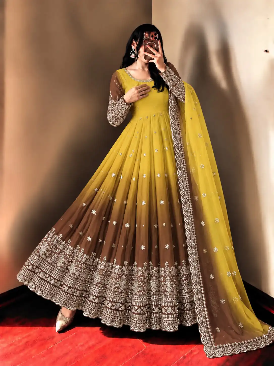 Fancy Yellow Faux Georgette Embroider Work Gown