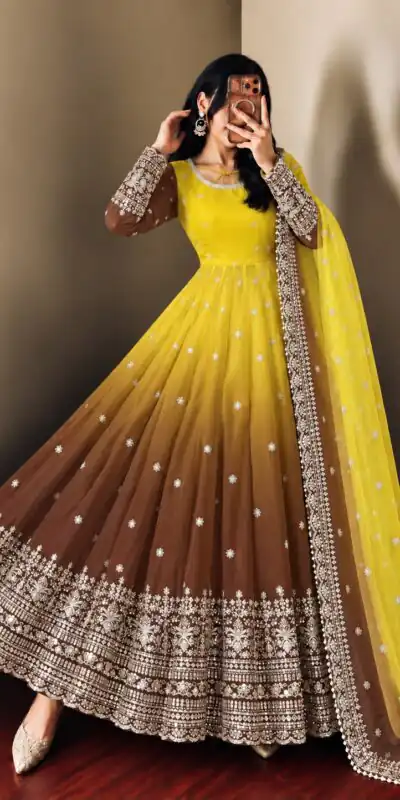 Fancy Yellow Faux Georgette Embroider Work Gown