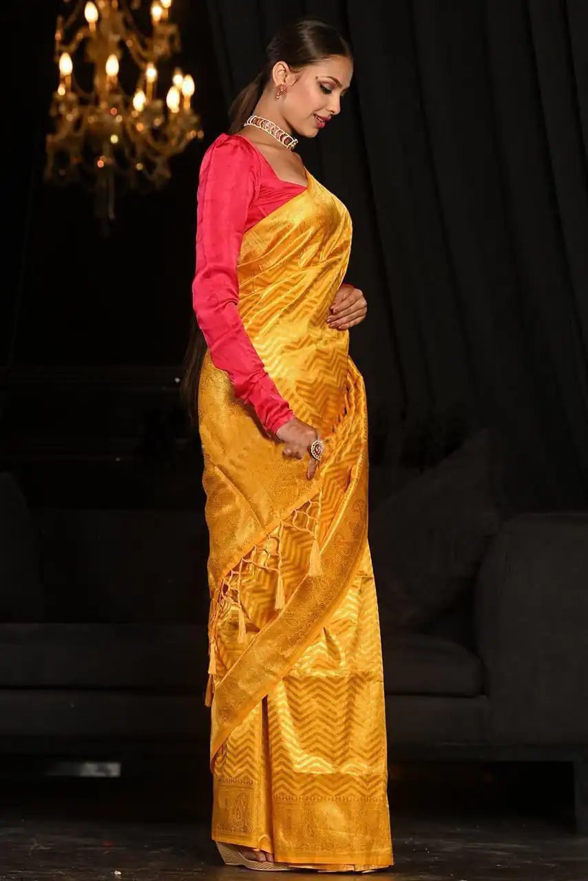 Fancy Yellow Soft Lichi Silk With Jacquard Saree