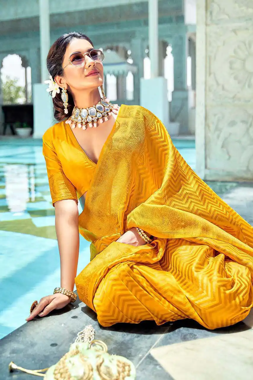 Fancy Yellow Soft Lichi Silk With Jacquard Saree