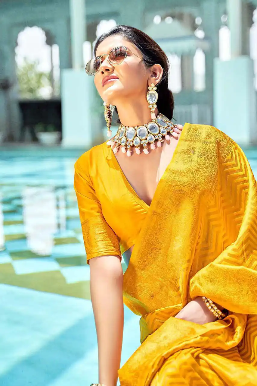 Fancy Yellow Soft Lichi Silk With Jacquard Saree