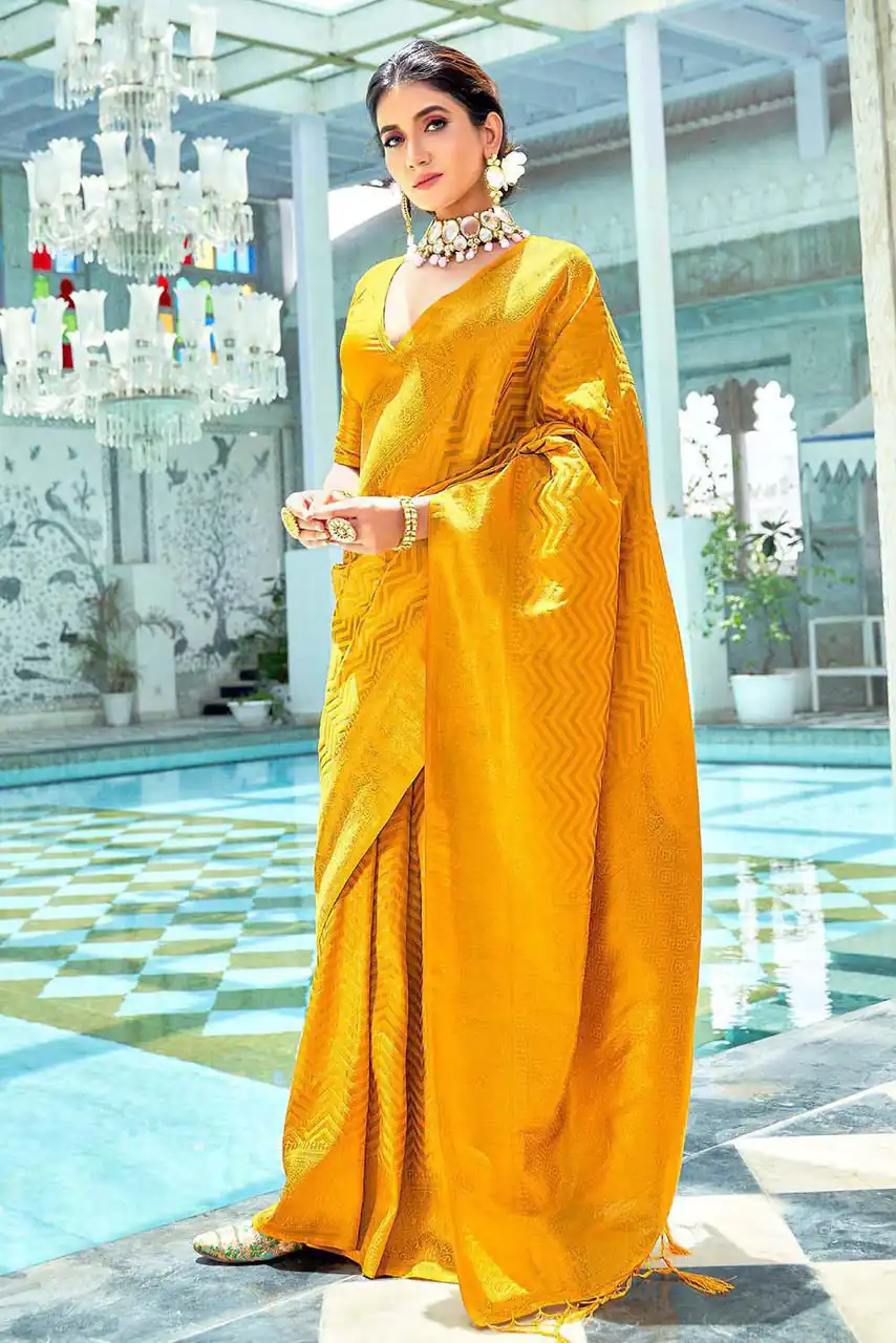 Fancy Yellow Soft Lichi Silk With Jacquard Saree