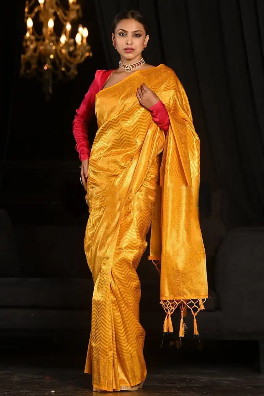 Fancy Yellow Soft Lichi Silk With Jacquard Saree