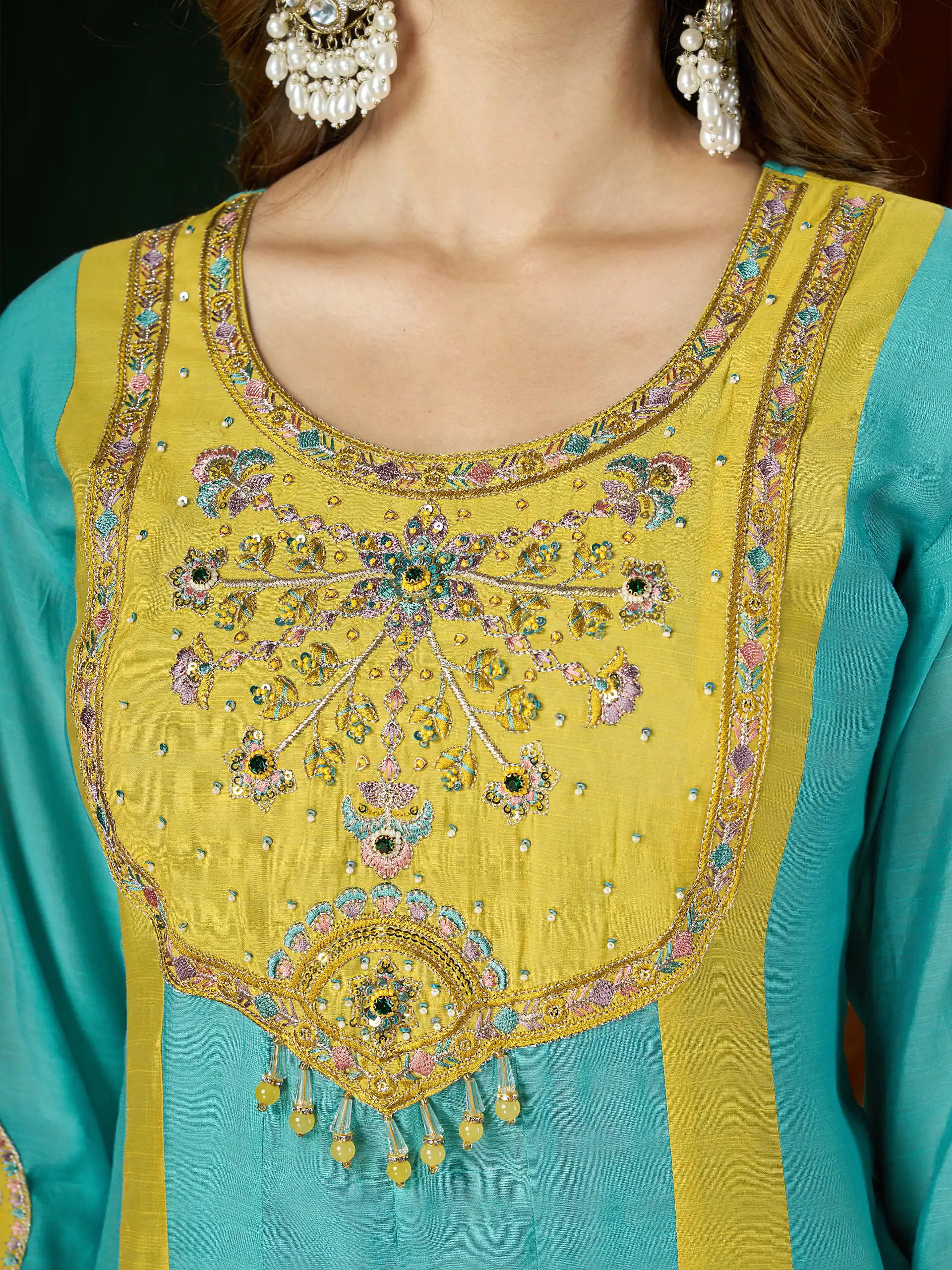 Glowing Blue Mal Chanderi Hand Work Salwar Suit