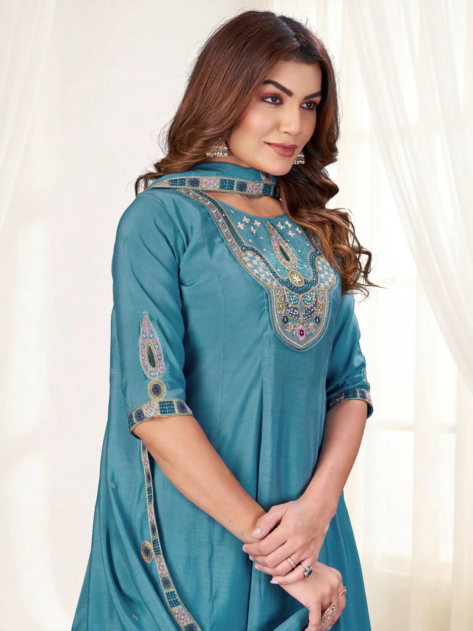 Glowing Blue Mal Chanderi Thread Work Salwar Suit