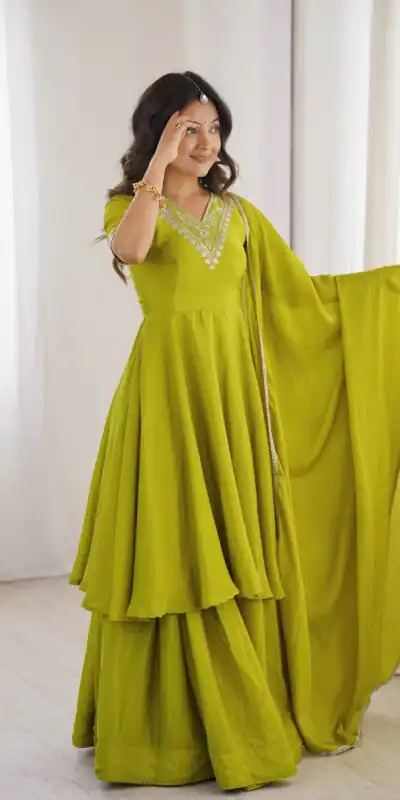 Glowing Mehendi Chinon Silk Sequin Work Salwar Suit