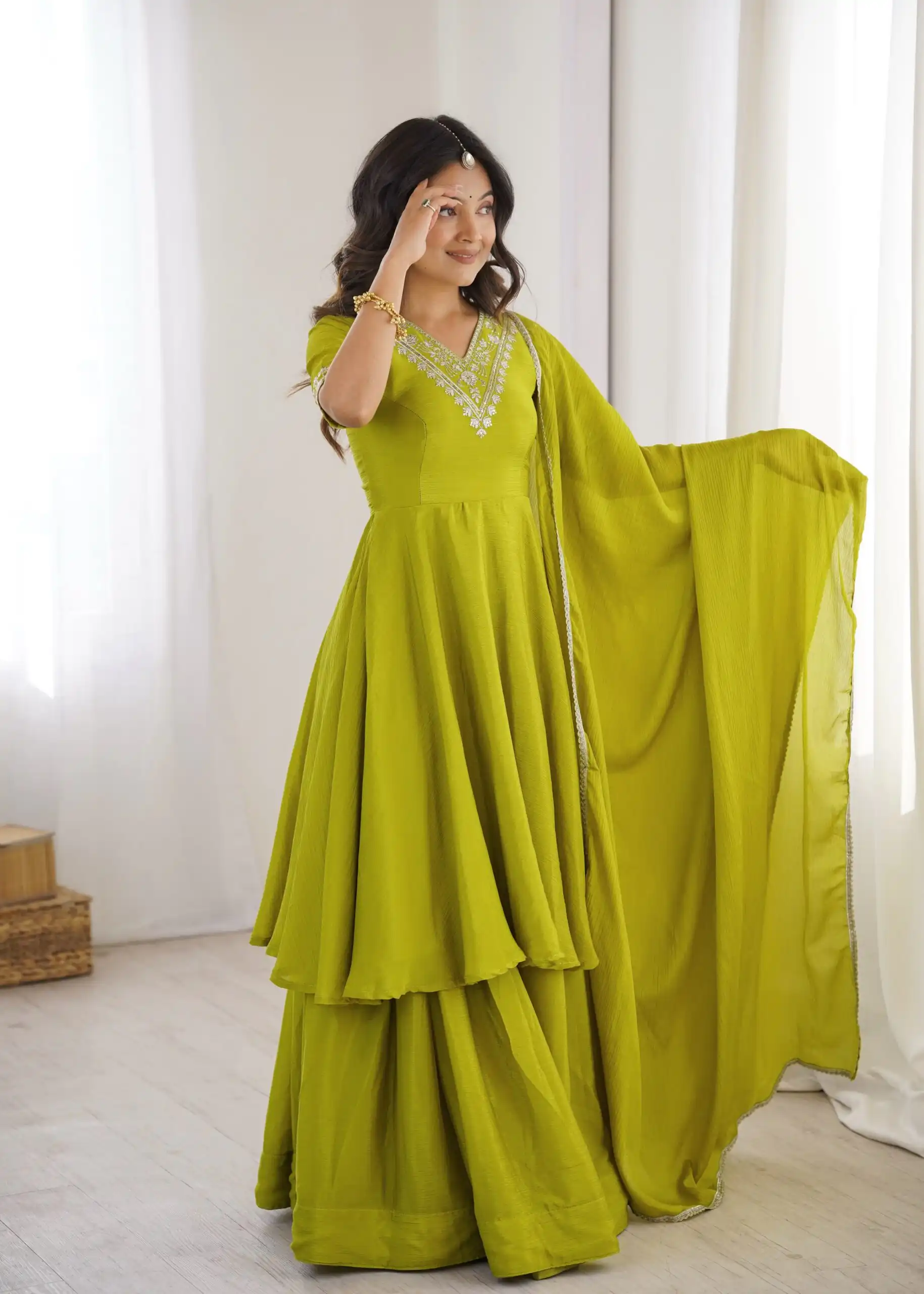 Glowing Mehendi Chinon Silk Sequin Work Salwar Suit
