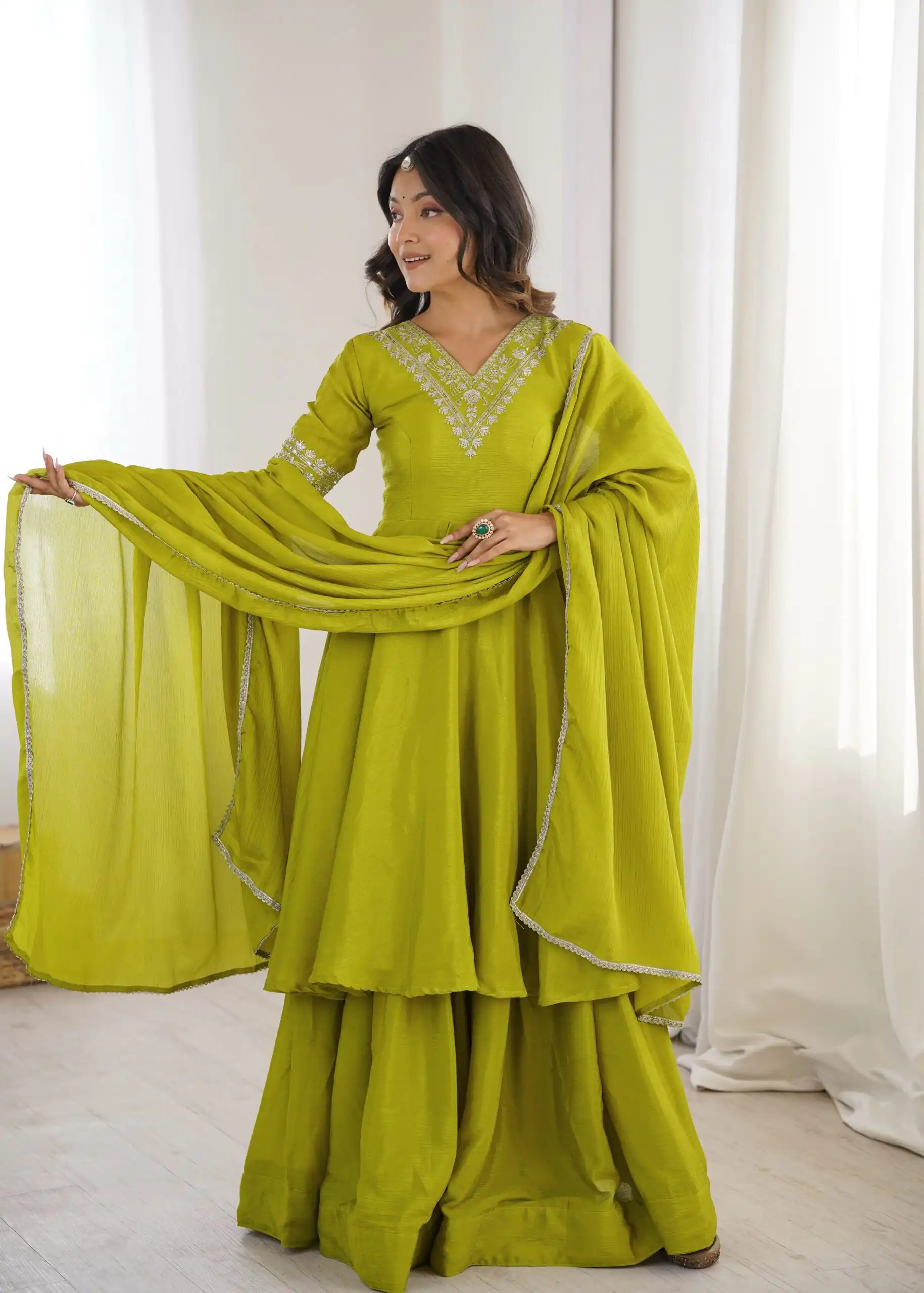 Glowing Mehendi Chinon Silk Sequin Work Salwar Suit