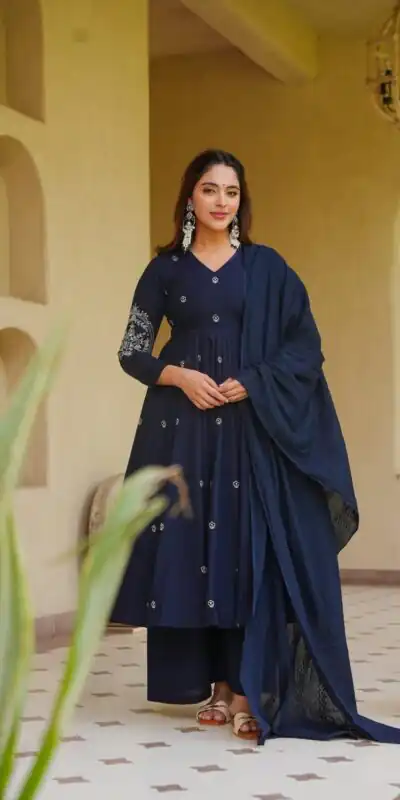 Glowing Navy Blue Roman Silk Embroidery Work Anarkali Suit