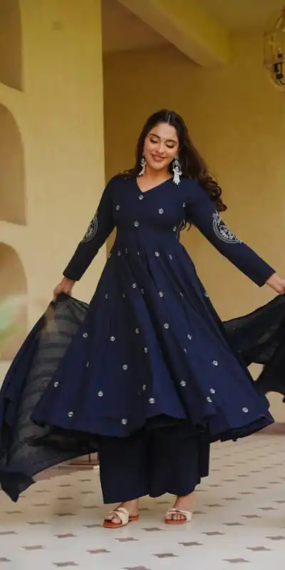 Glowing Navy Blue Roman Silk Embroidery Work Anarkali Suit