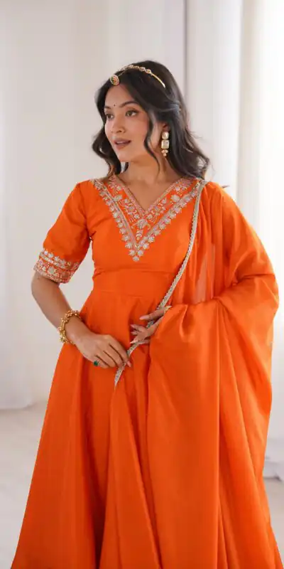 Glowing Orange Chinon Silk Sequin Work Salwar Suit