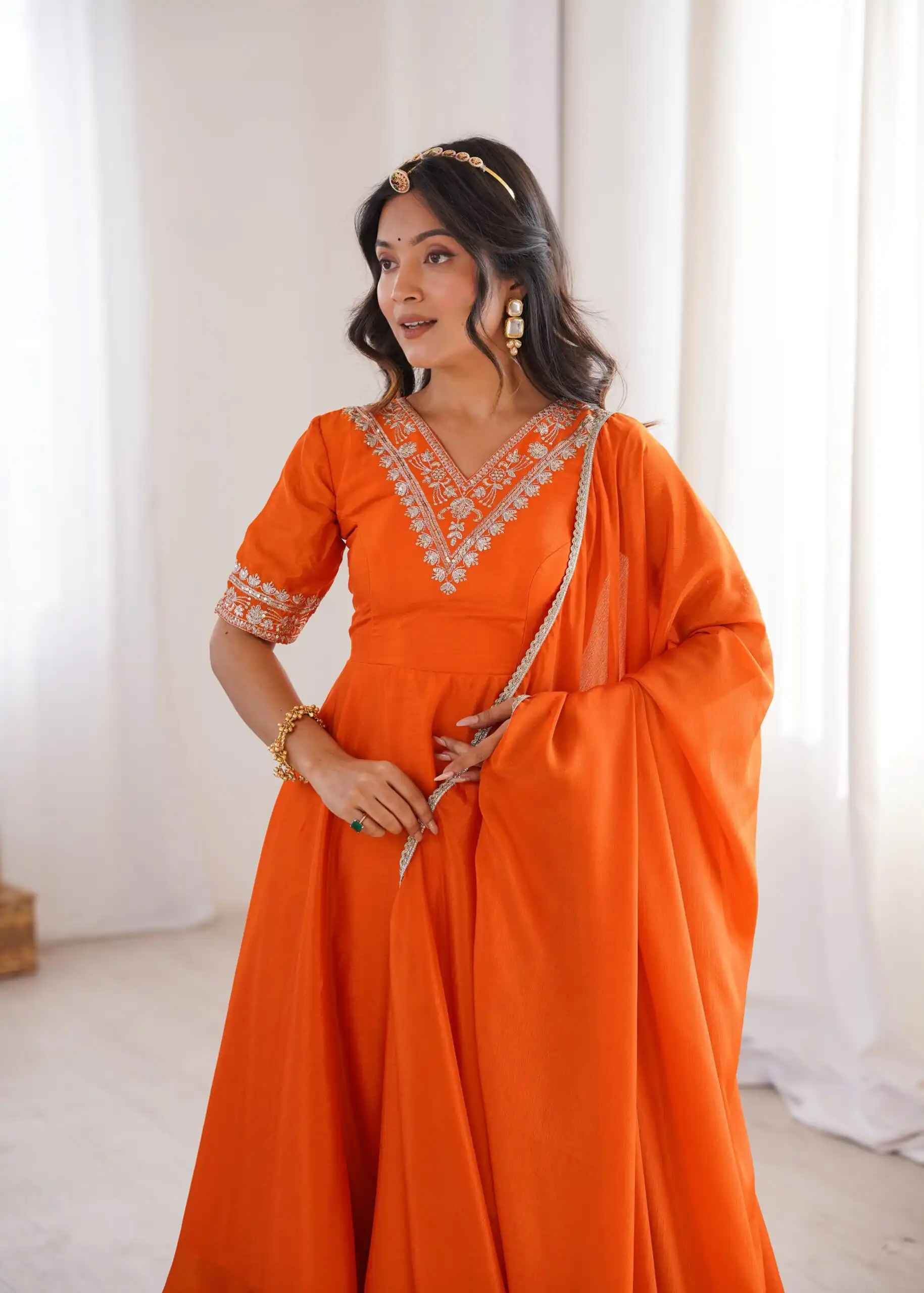 Glowing Orange Chinon Silk Sequin Work Salwar Suit