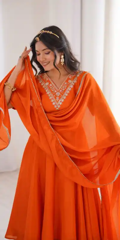Glowing Orange Chinon Silk Sequin Work Salwar Suit
